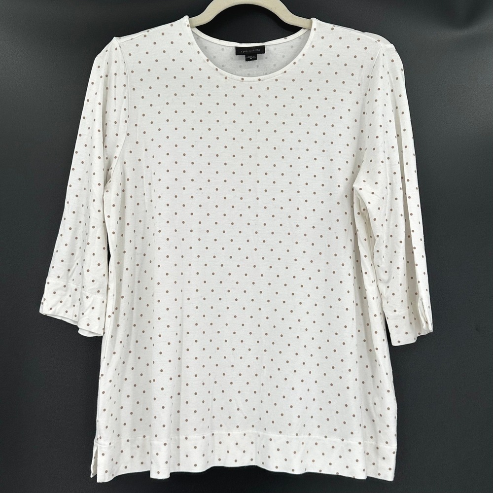 J. Jill Wearever White Tan Polka Dot 3/4 Sleeve Top Shirt Womens Medium - Picture 1 of 9